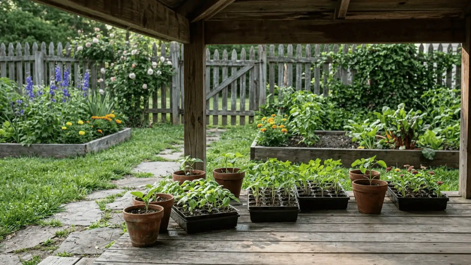 young seedling trays placed on a shaded porch path in soft morning light during hardening off process