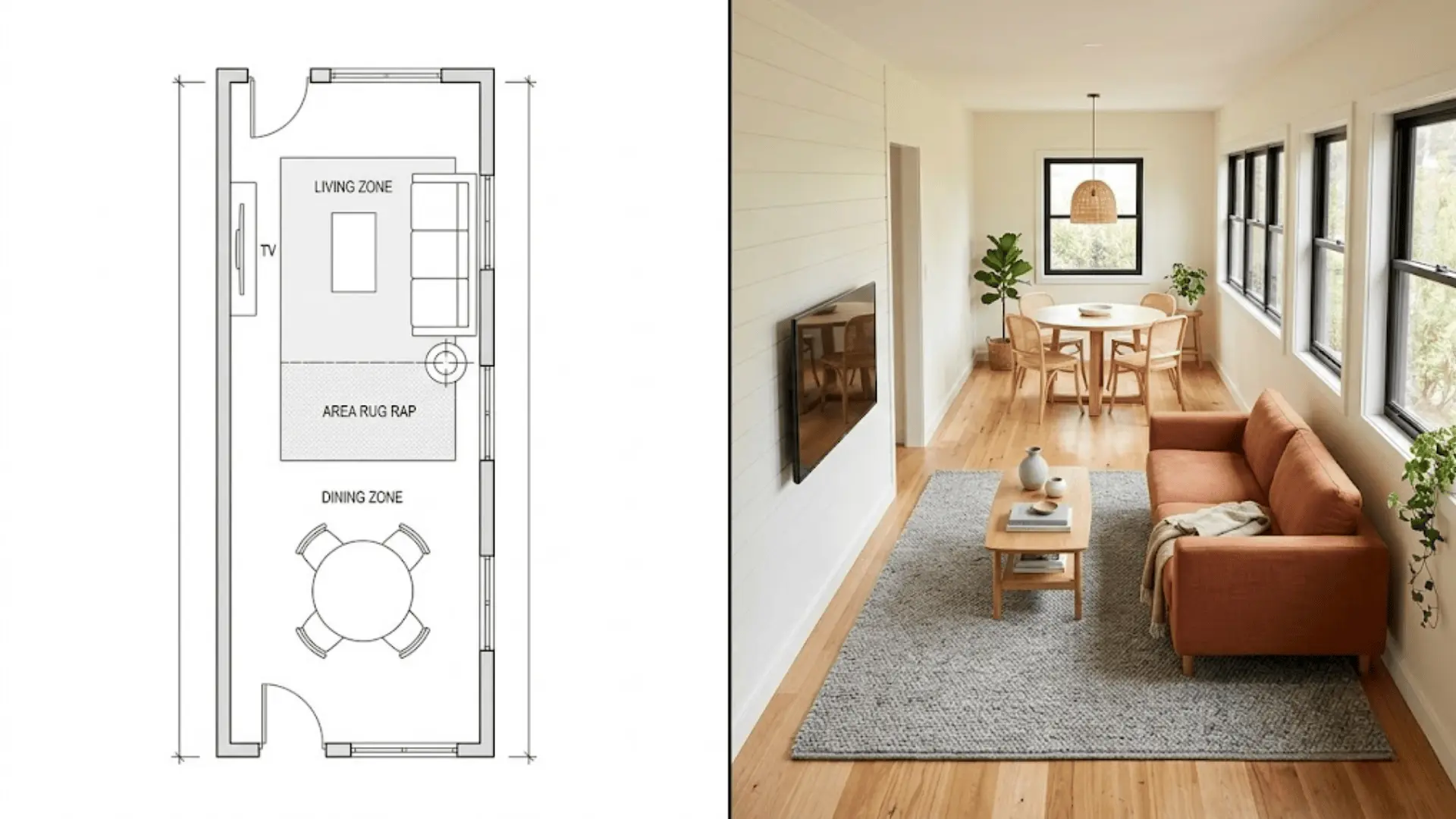 zoned living and dining rectangular room layout with tv and rug separation between areas