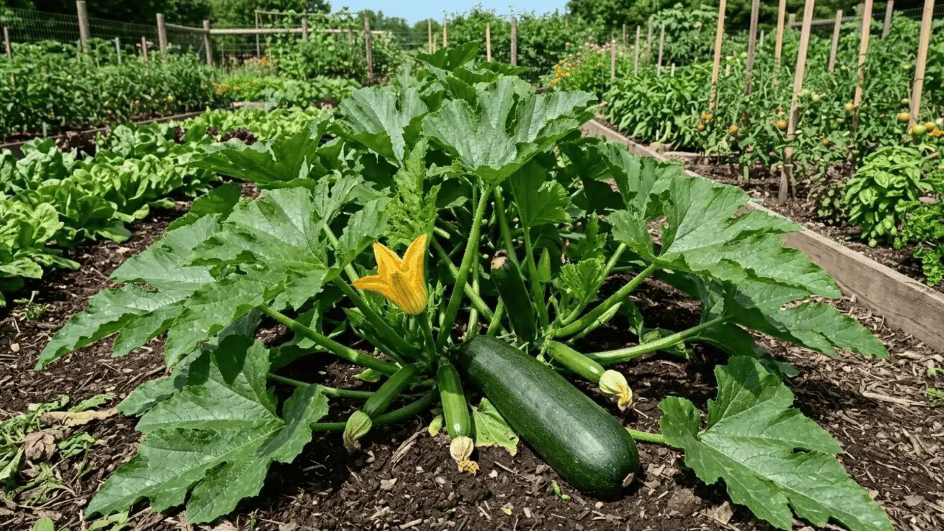 zucchini plant with large leaves and developing fruits growing in a sunny vegetable garden bed