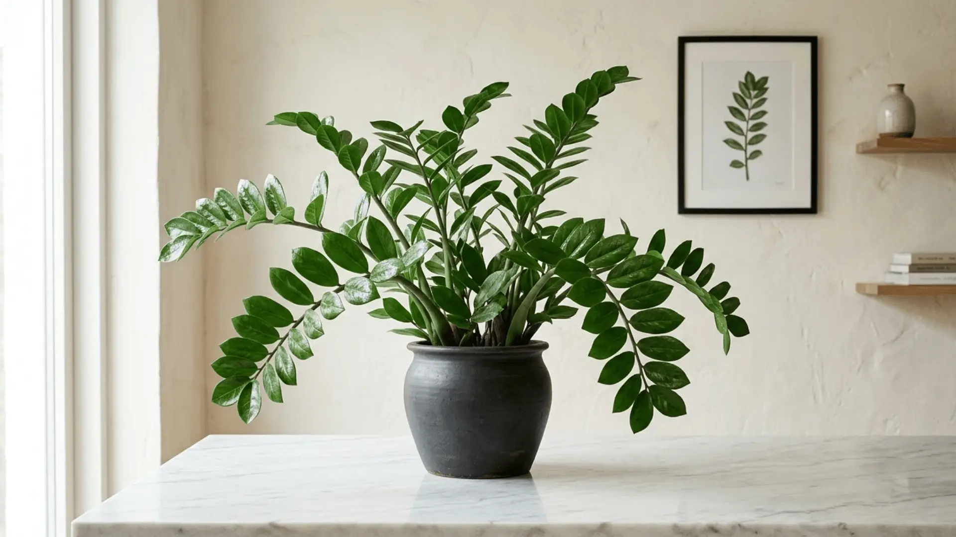 zz plant with glossy oval leaves on arching stems in a dark ceramic pot on a marble surface