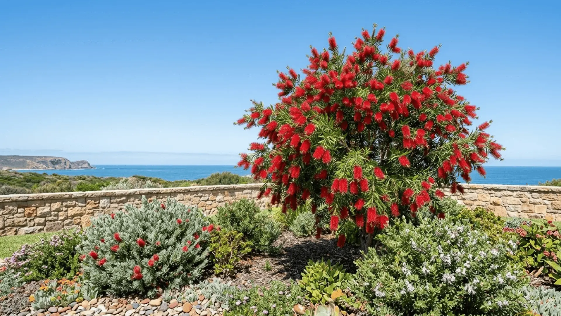bottlebrush tree with vivid crimson cylindrical flower spikes in full bloom in a warm coastal garden setting