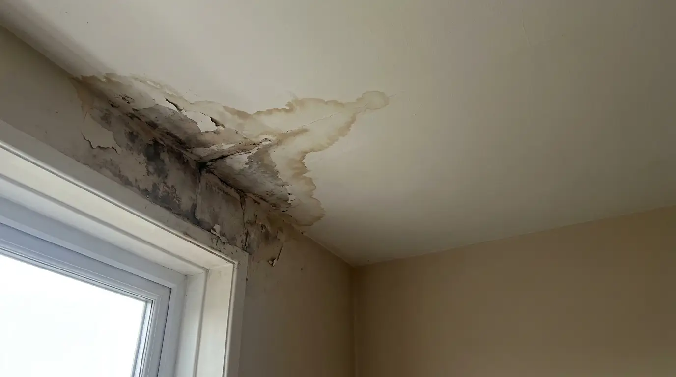 Ceiling water damage with mold near window in indoor beige room