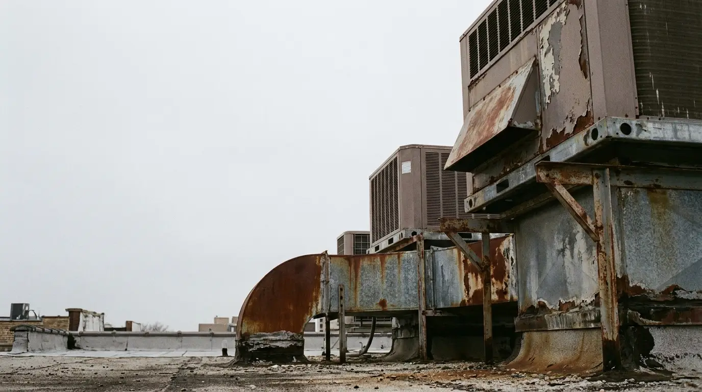 Rusty rooftop HVAC unit with peeling paint and ducts in overcast weather