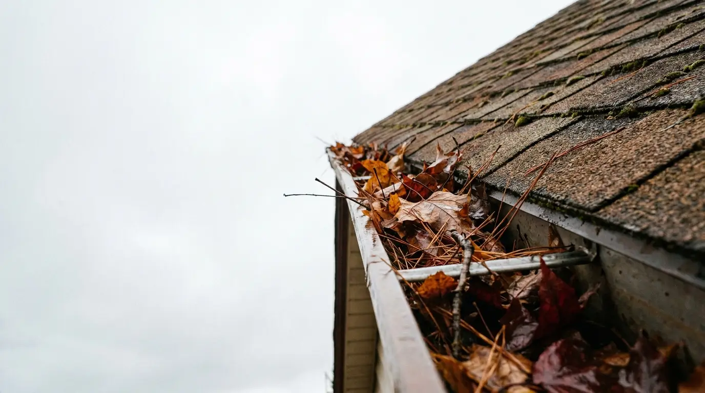 Leaves and debris clogging a rooftop gutter under an overcast sky