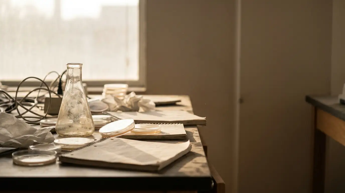 Laboratory table with glass flask, petri dishes, and notebooks under natural light