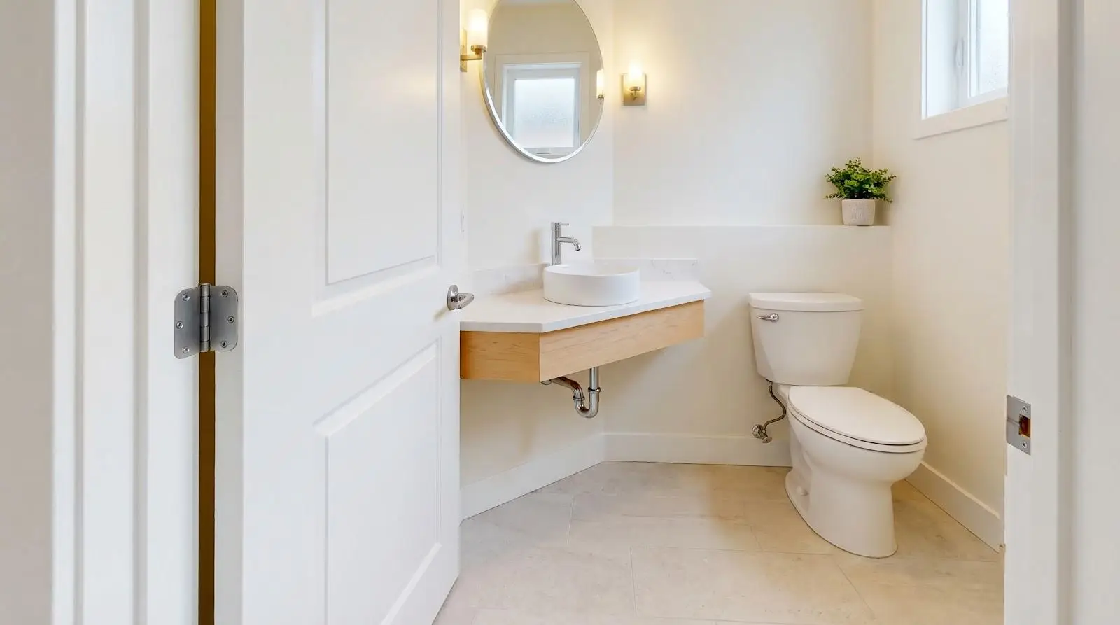 Cozy modern bathroom with round mirror, vessel sink, and potted plant on floating vanity