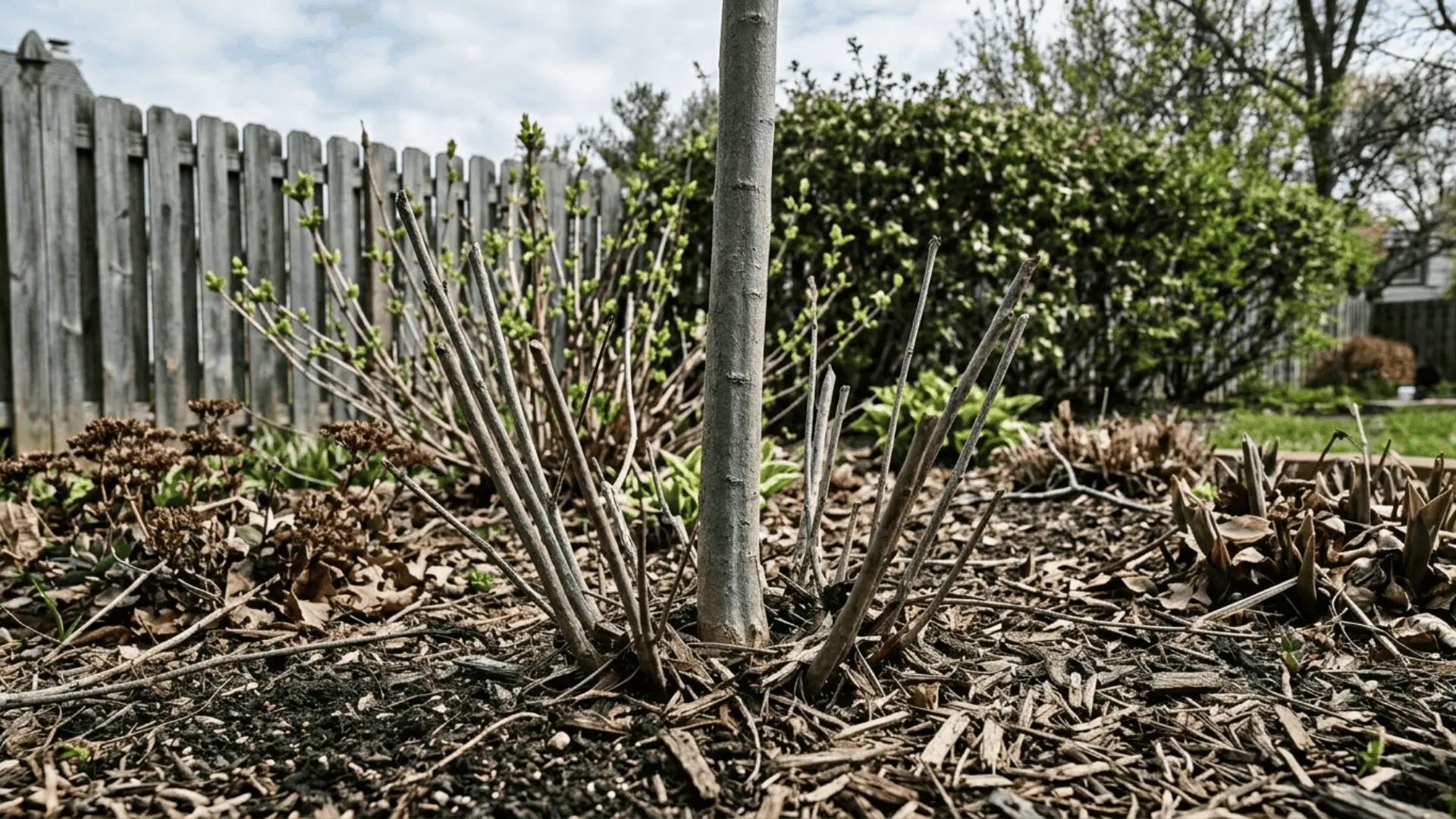 crepe myrtle bush base in early spring with multiple bare stems emerging from mulched soil