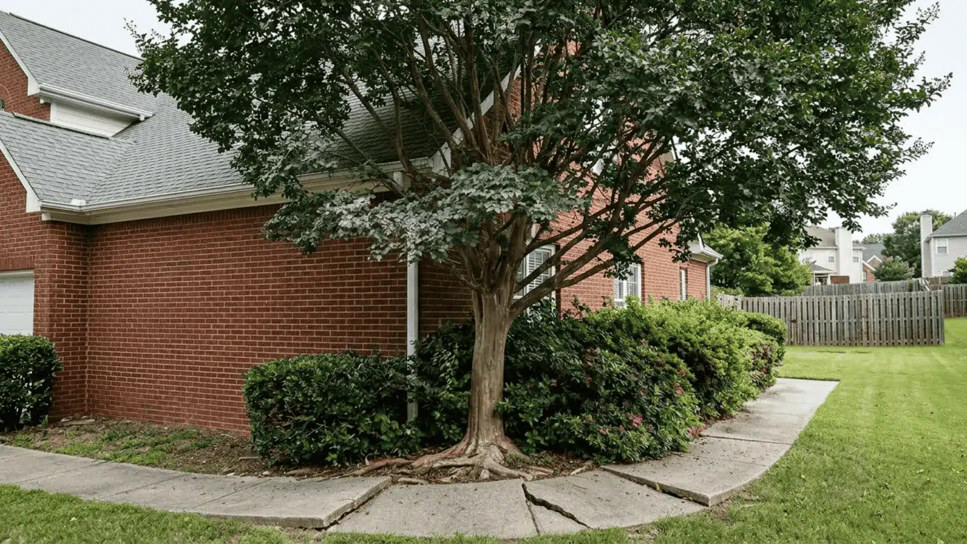 crepe myrtle planted too close to house showing mildew, crowded canopy, and cracked sidewalk from surface roots