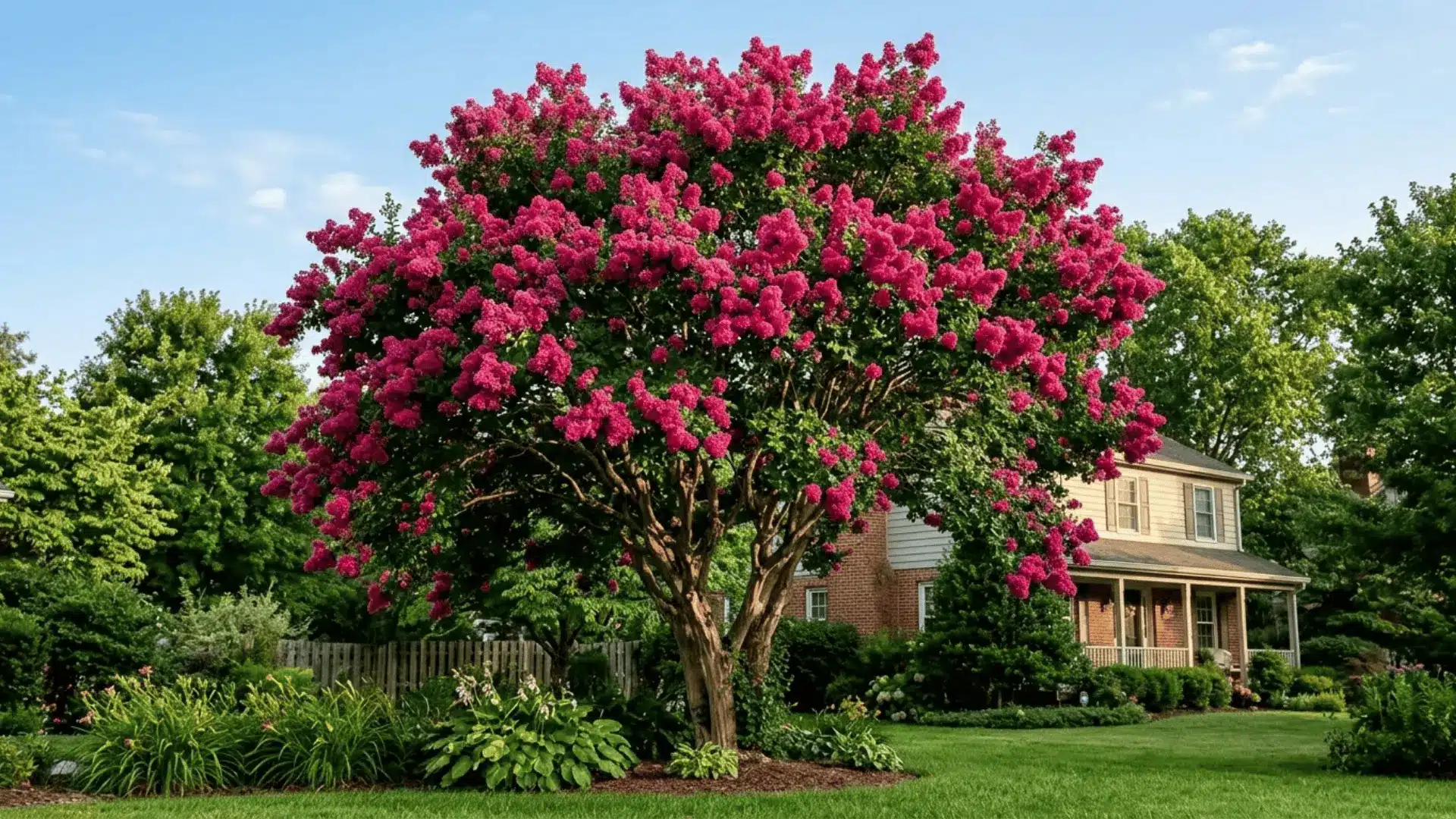 crepe myrtle tree in full summer bloom with dense magenta-pink flower clusters against a clear blue sky