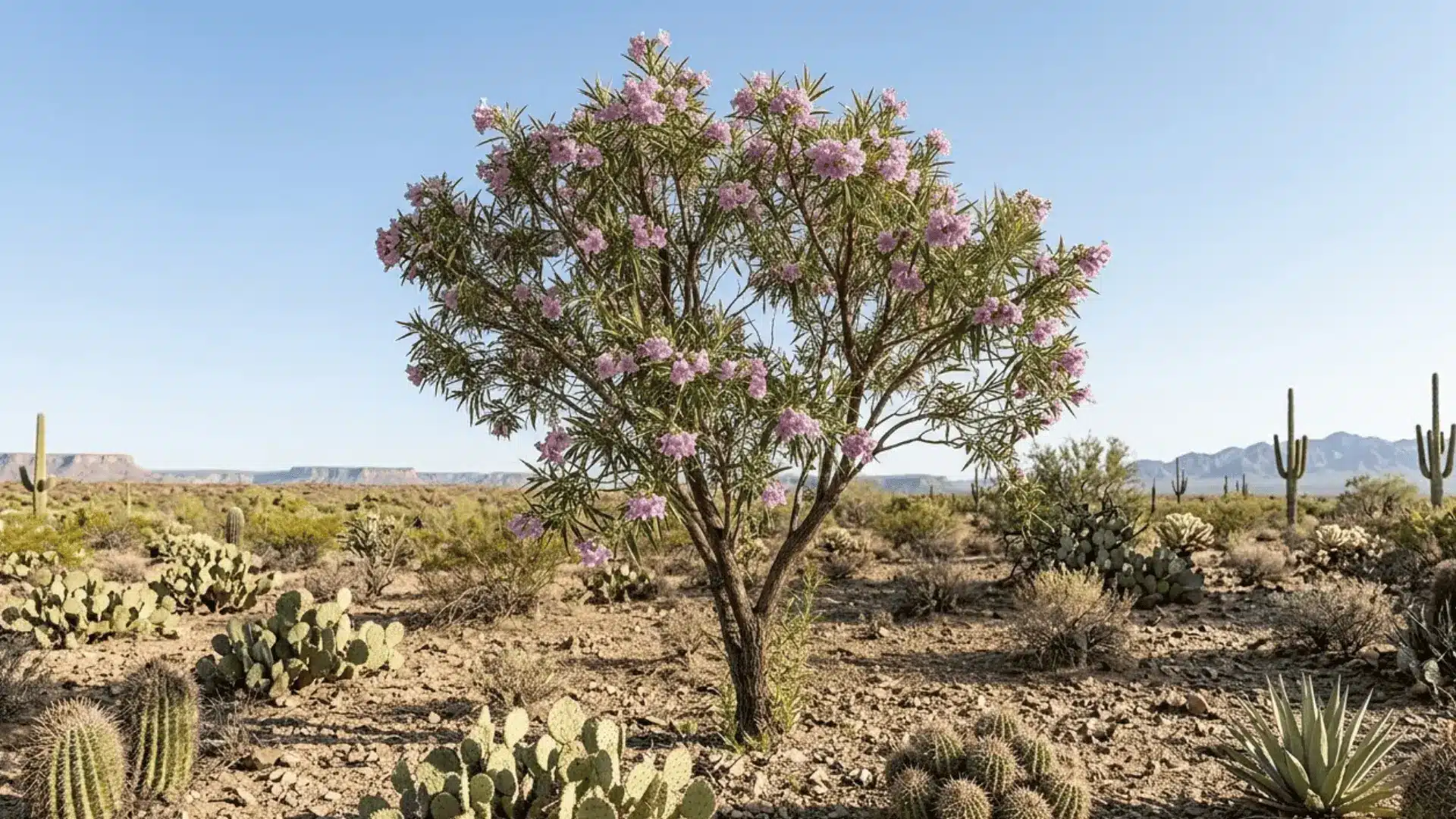 desert willow tree with trumpet-shaped lavender-pink flowers blooming against a dry arid landscape in summer