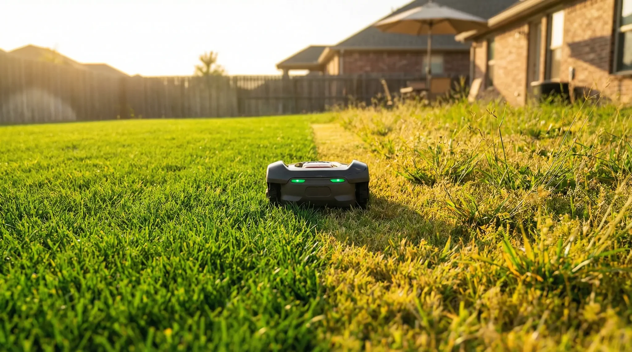 Robotic lawn mower on green grass in sunny backyard with brick house and patio furniture