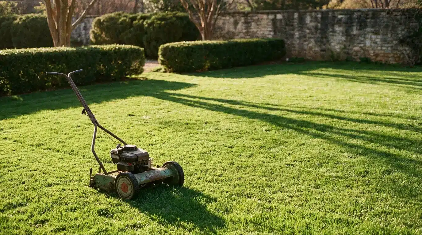 Lawn mower on freshly cut grass in a sunlit garden with stone wall