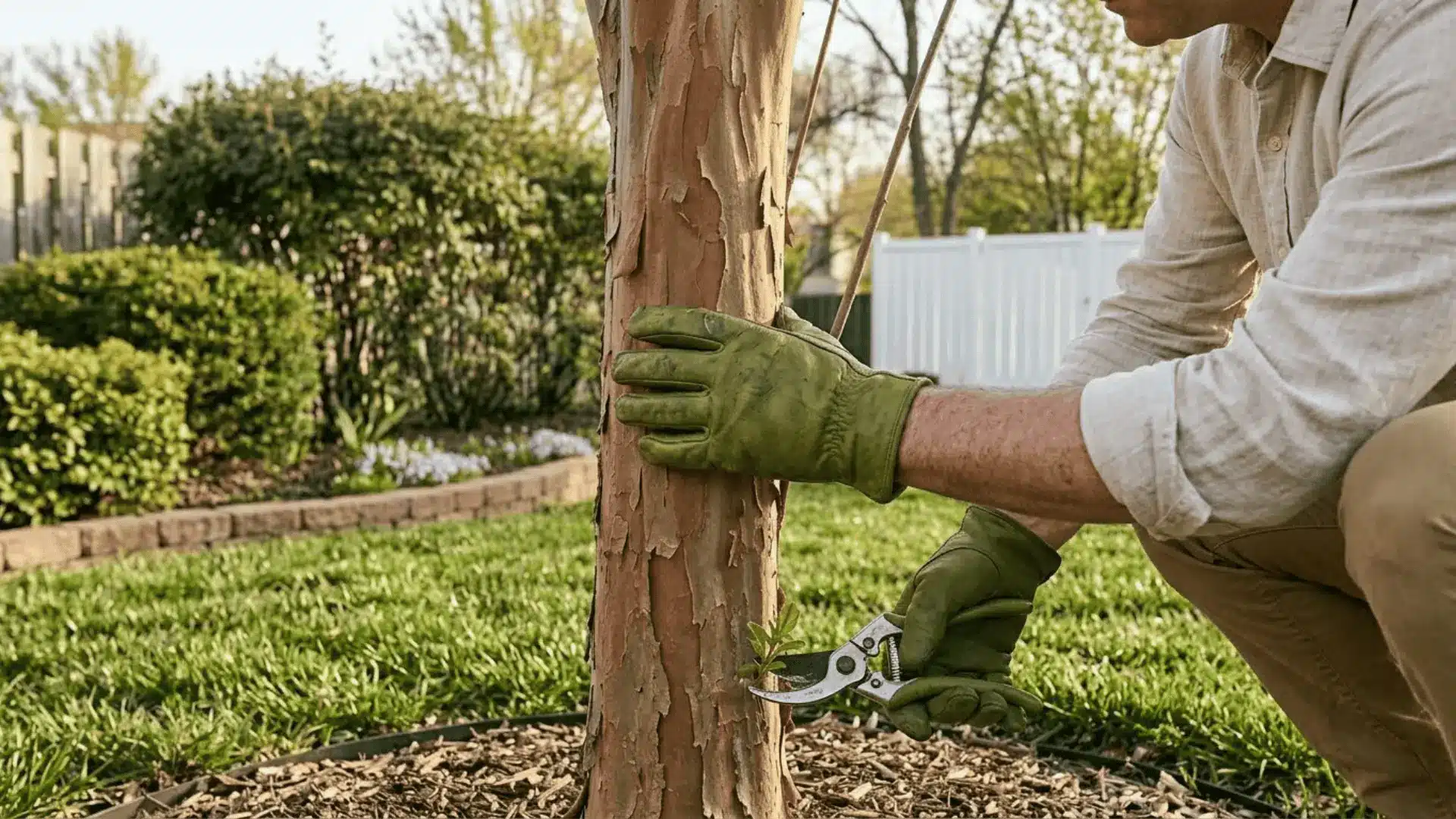 gardener pruning sucker shoots from the base of a mature single-trunk crepe myrtle in a suburban backyard