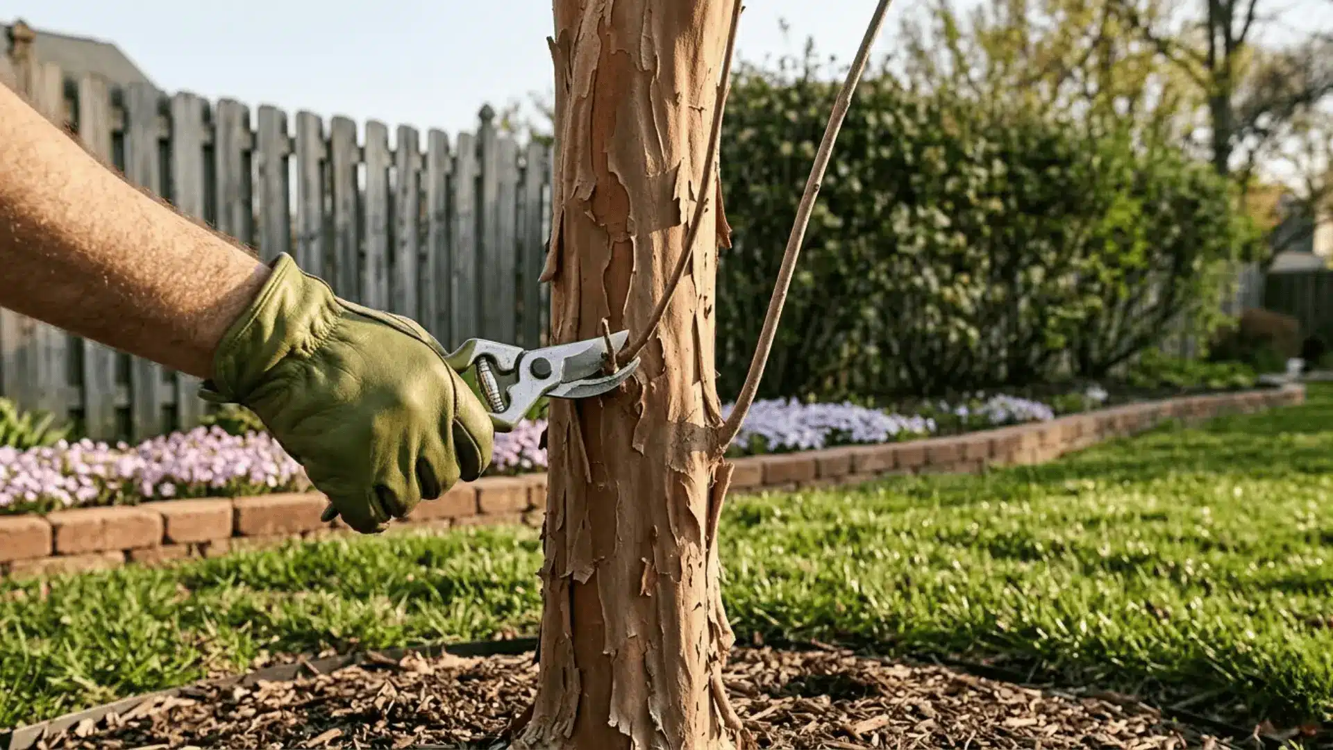 gardener trimming lower side shoots from a crepe myrtle trunk with pruning shears in a tidy garden