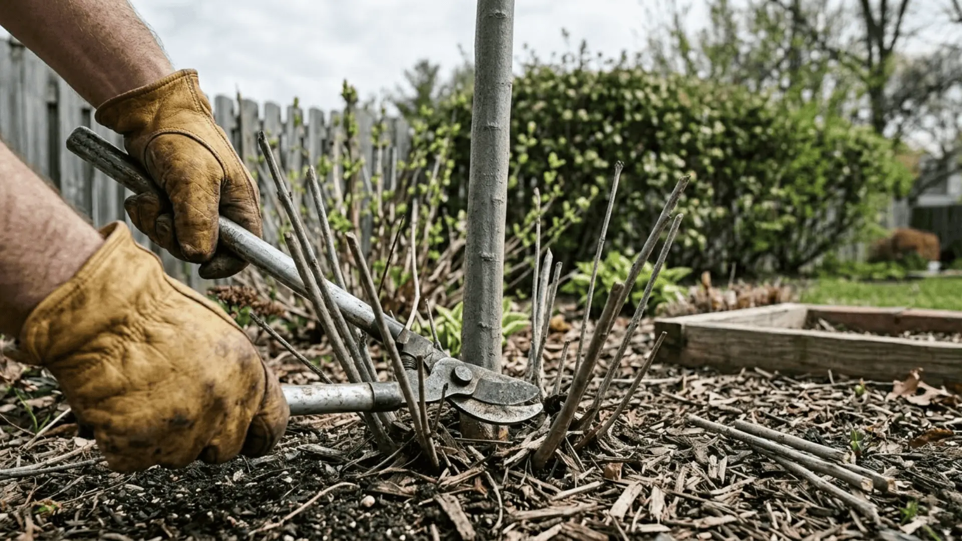 gardener using loppers to cut competing stems at the base of a crepe myrtle in a backyard