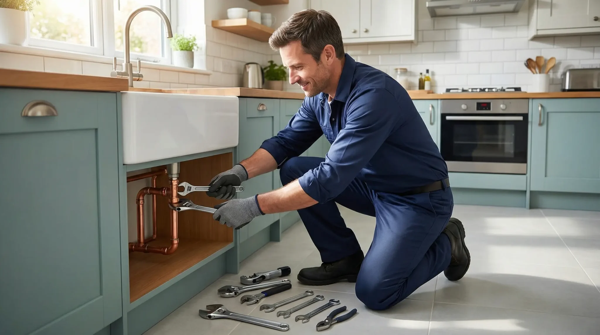 Man in blue uniform fixing kitchen sink pipes with wrenches in modern kitchen