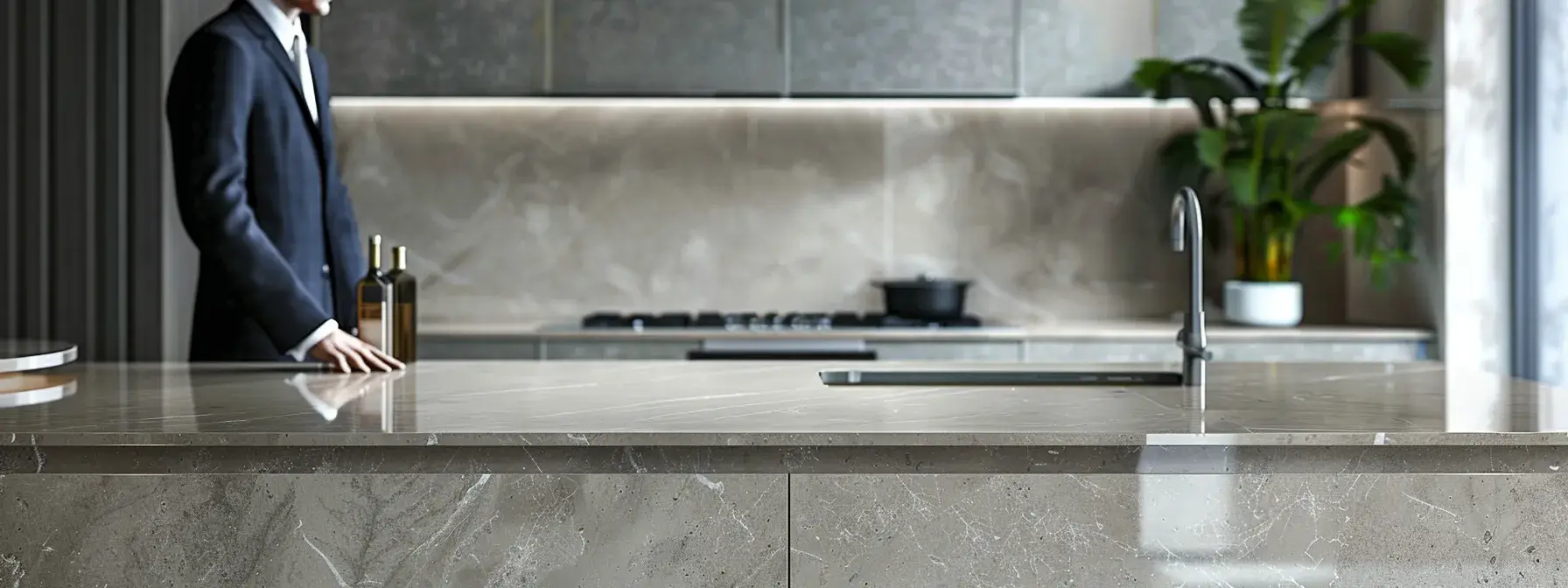 Modern kitchen with marble countertop, stainless steel faucet, and potted plant in sleek environment