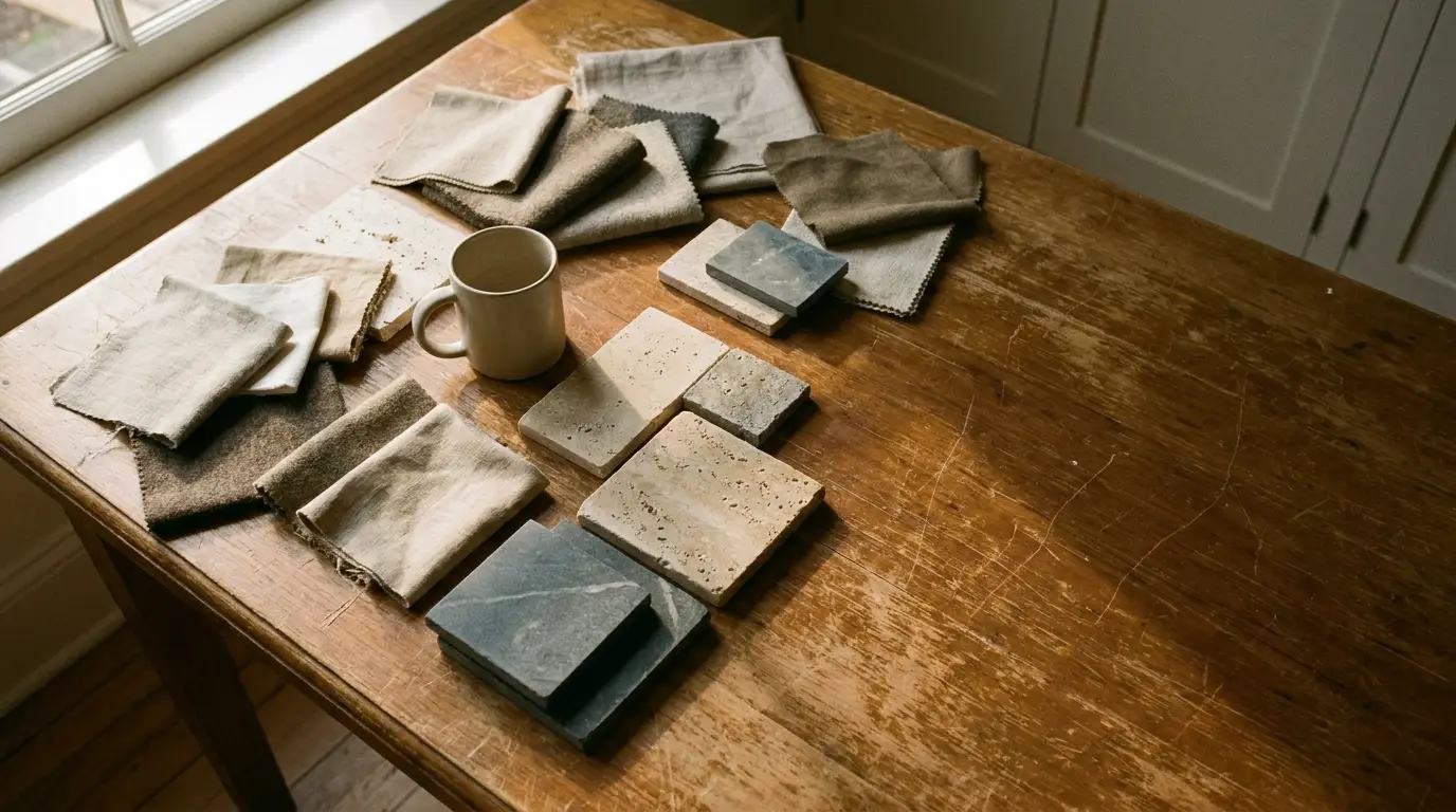 Fabric swatches and tile samples arranged on a wooden table with a ceramic mug nearby