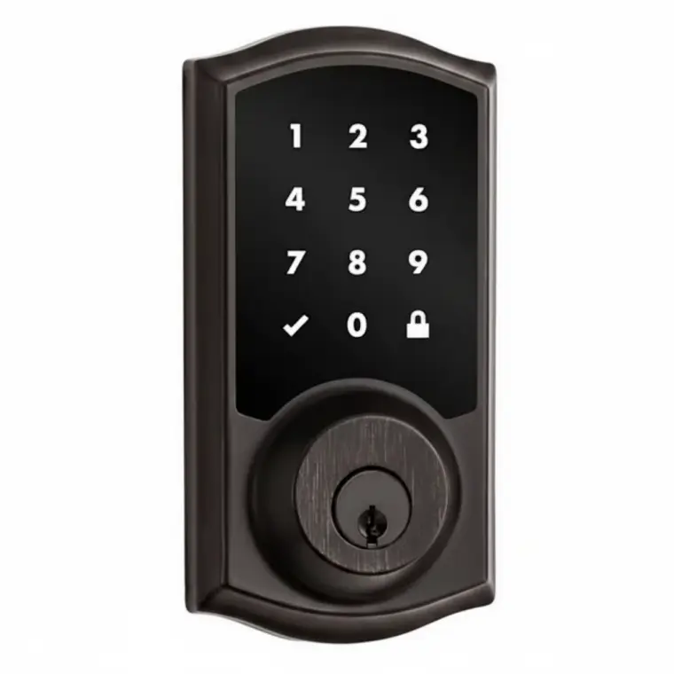 Electronic keypad door lock with numbered buttons and keyhole on black background