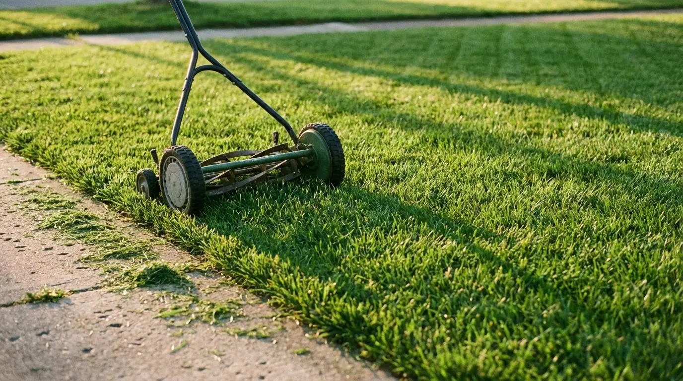 Hand push lawn mower cutting grass on a sunny day in a residential yard