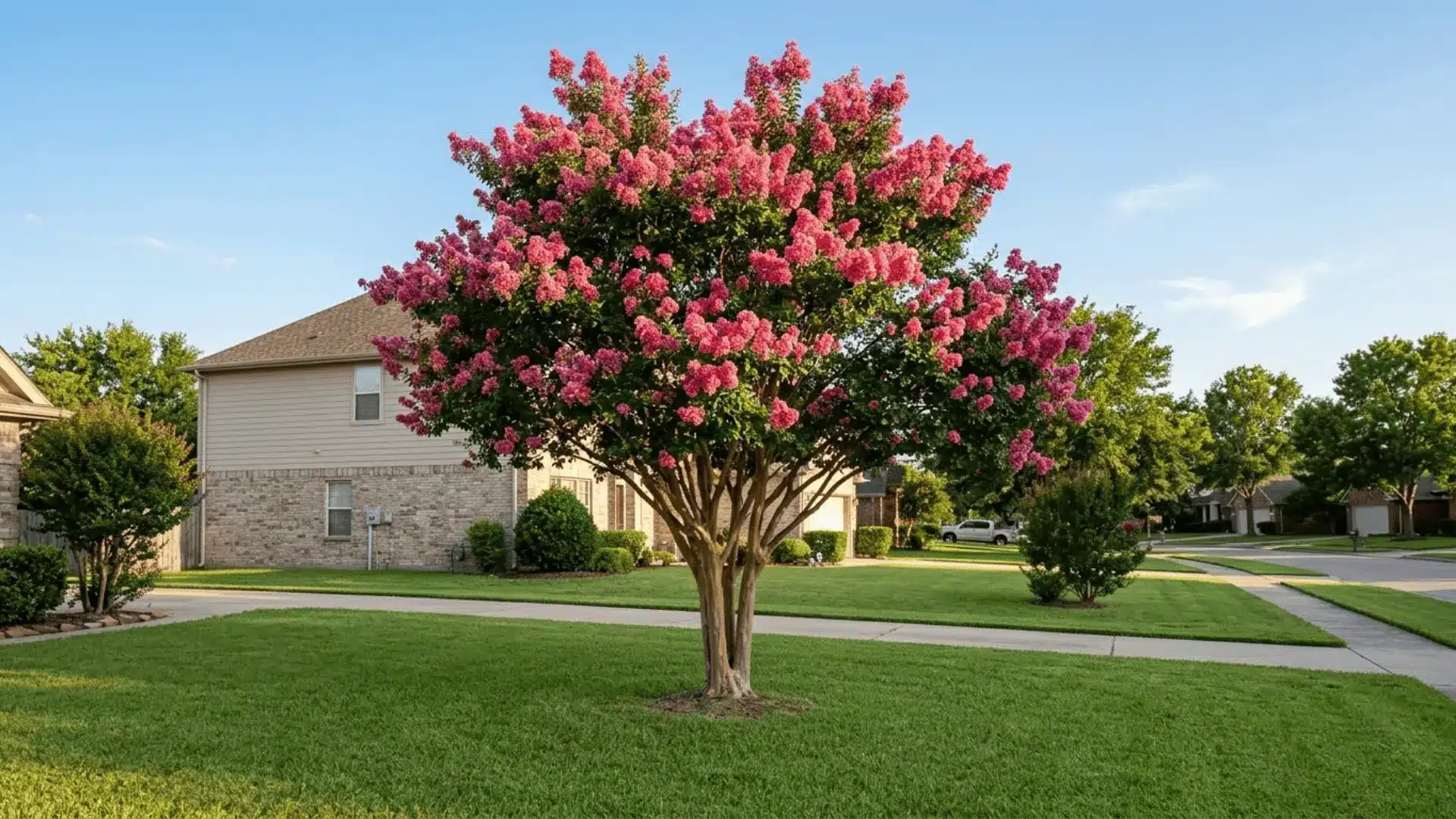 mature crepe myrtle in full pink bloom planted in open sunny front yard with ample spacing from home