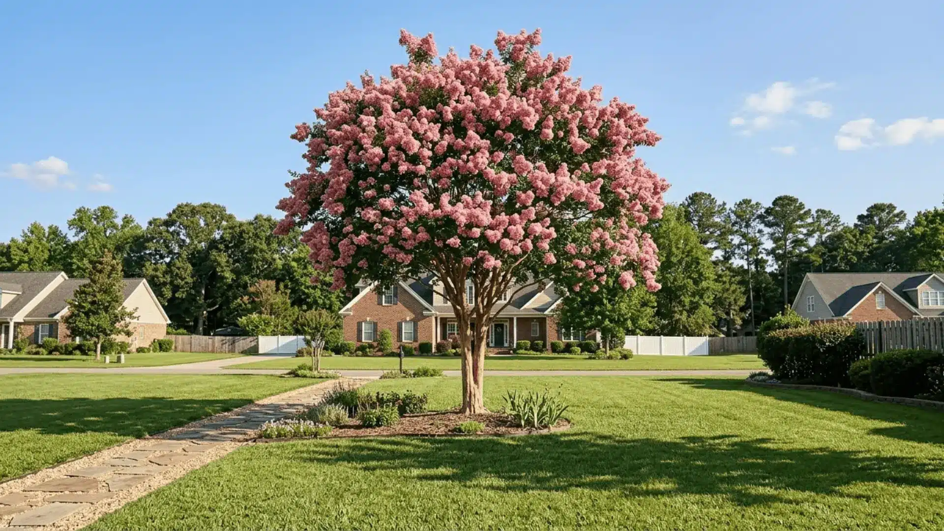 mature single-trunk crepe myrtle tree in full pink bloom standing in a sunny residential front yard