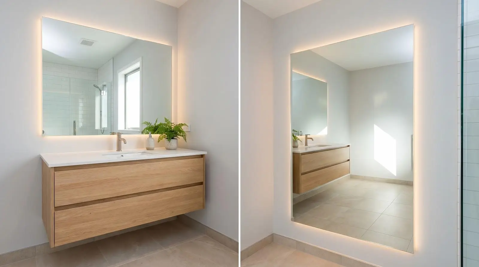 Modern bathroom with illuminated mirror, wooden vanity, and potted plant on tiled floor