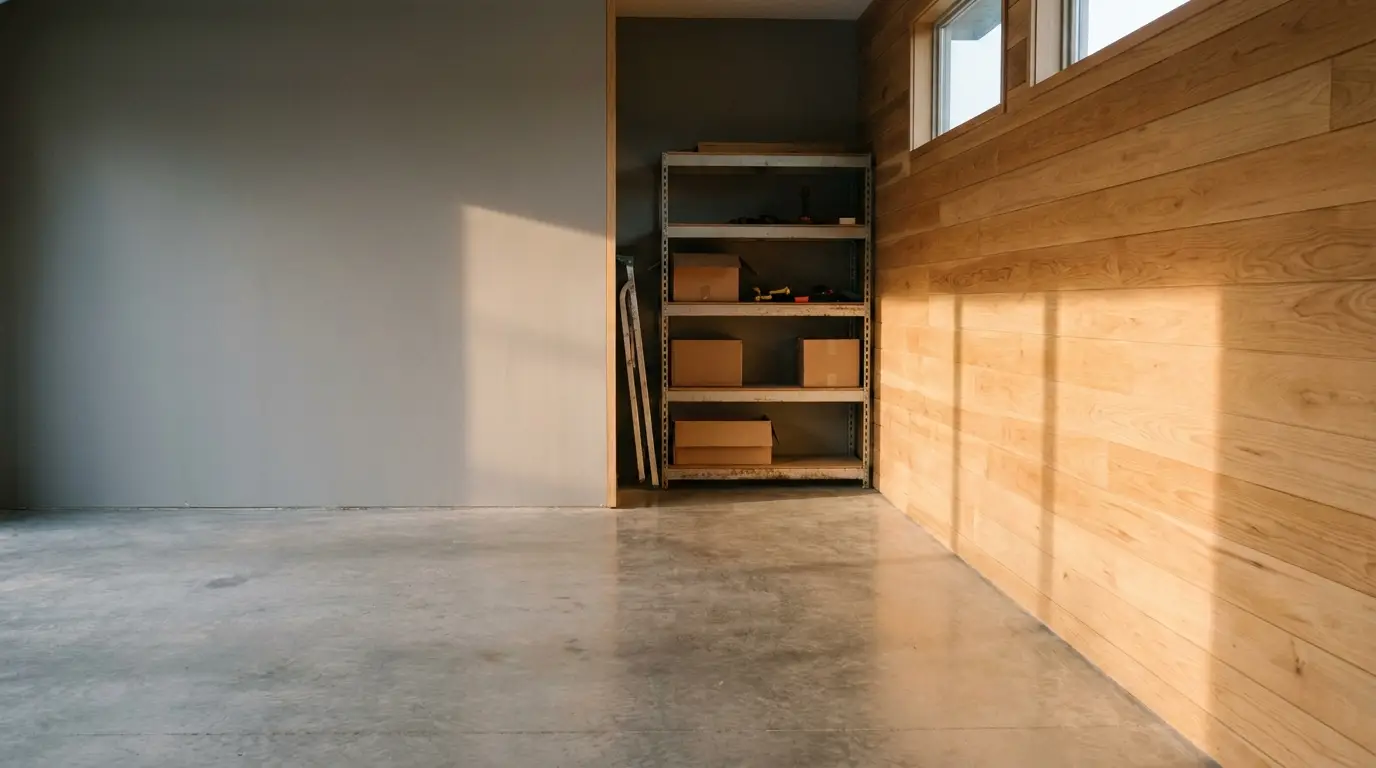 Empty garage workspace with metal shelf holding cardboard boxes and tools, warm wood panel walls