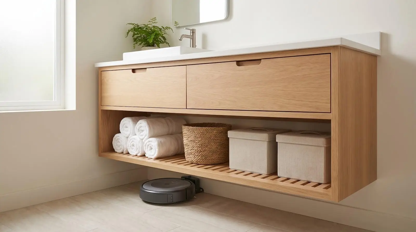 Wooden bathroom vanity with rolled towels, woven basket, and robot vacuum on tiled floor