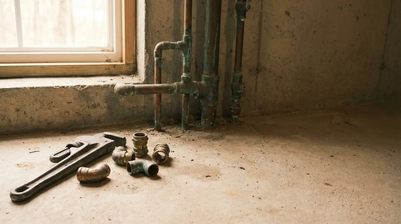Plumber's wrench and brass fittings on concrete floor near pipes under window