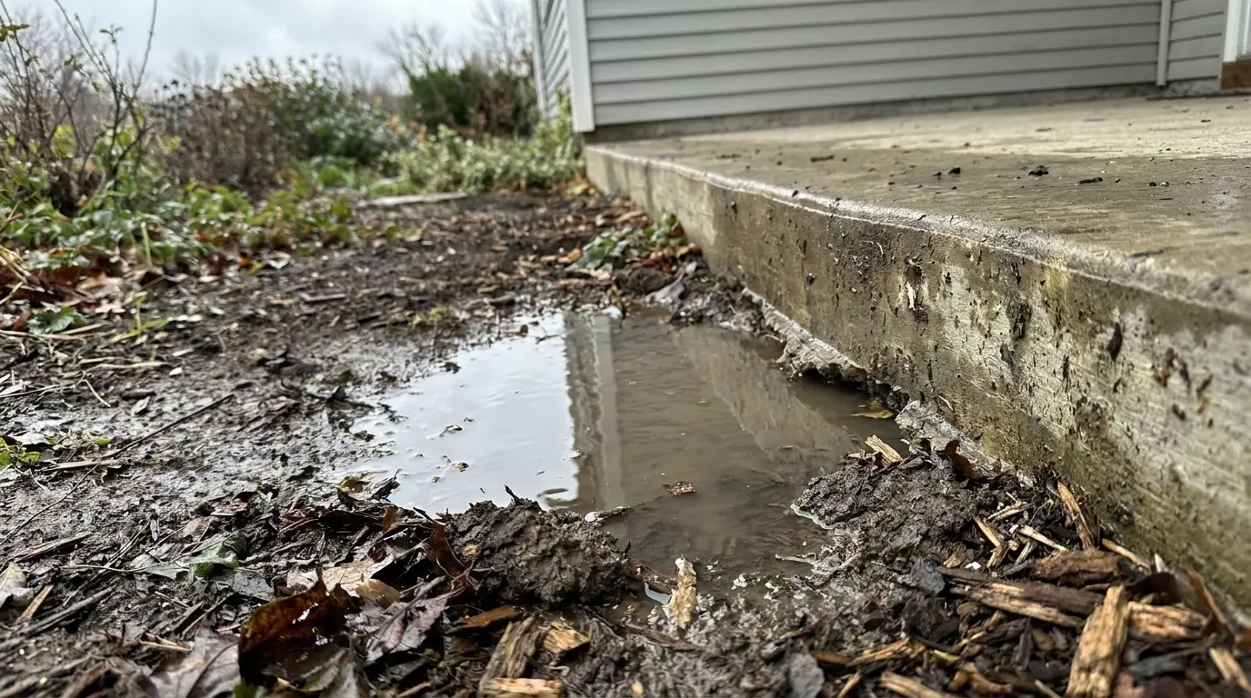 Puddle of water near concrete slab in muddy outdoor garden setting