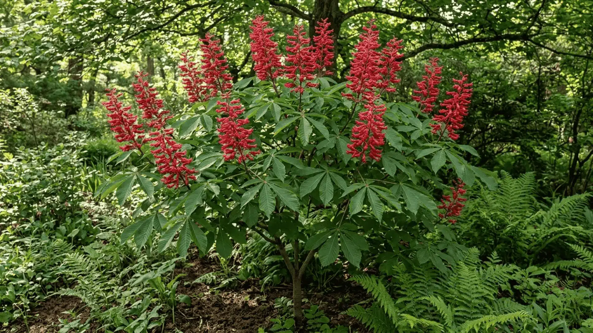 red buckeye tree with upright scarlet flower panicles surrounded by lush woodland garden undergrowth in early summer