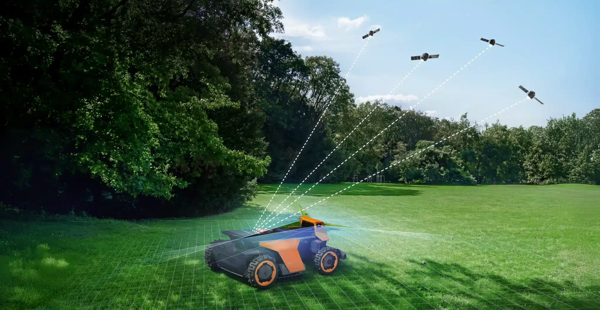 Autonomous lawn mower on grassy field with GPS signals from satellites