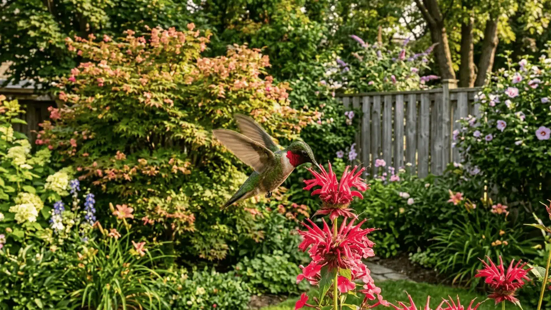 ruby-throated hummingbird hovering near red flowering tree blooms in a lush residential backyard garden in summer