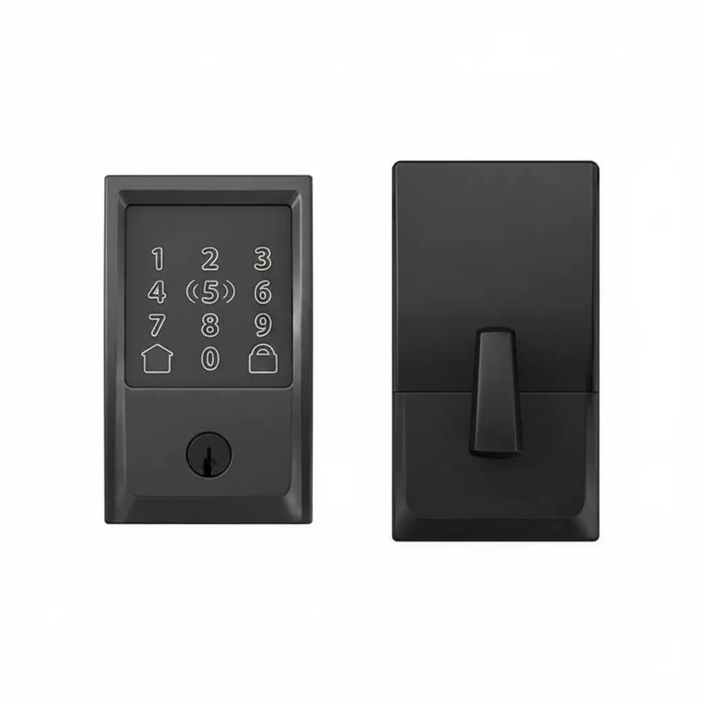 Black electronic keypad door lock with numeric keypad and lever handle in front and back view