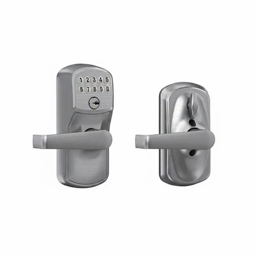 Silver keypad door lock with lever handle and keyhole in close-up view