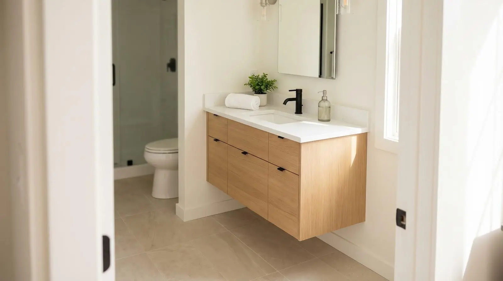 Modern bathroom with light wood vanity and white countertop under natural light