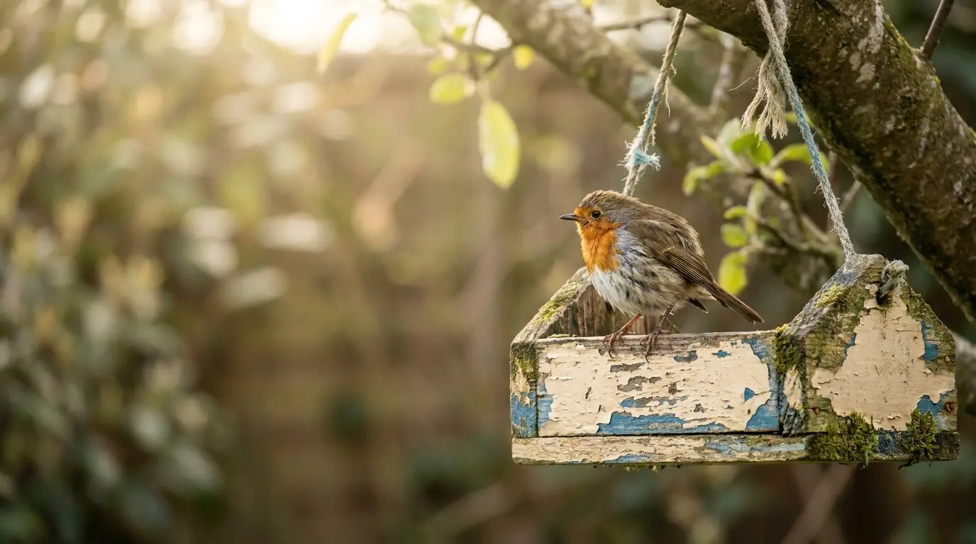 Robin sitting on a weathered wooden bird feeder in a sunlit garden setting