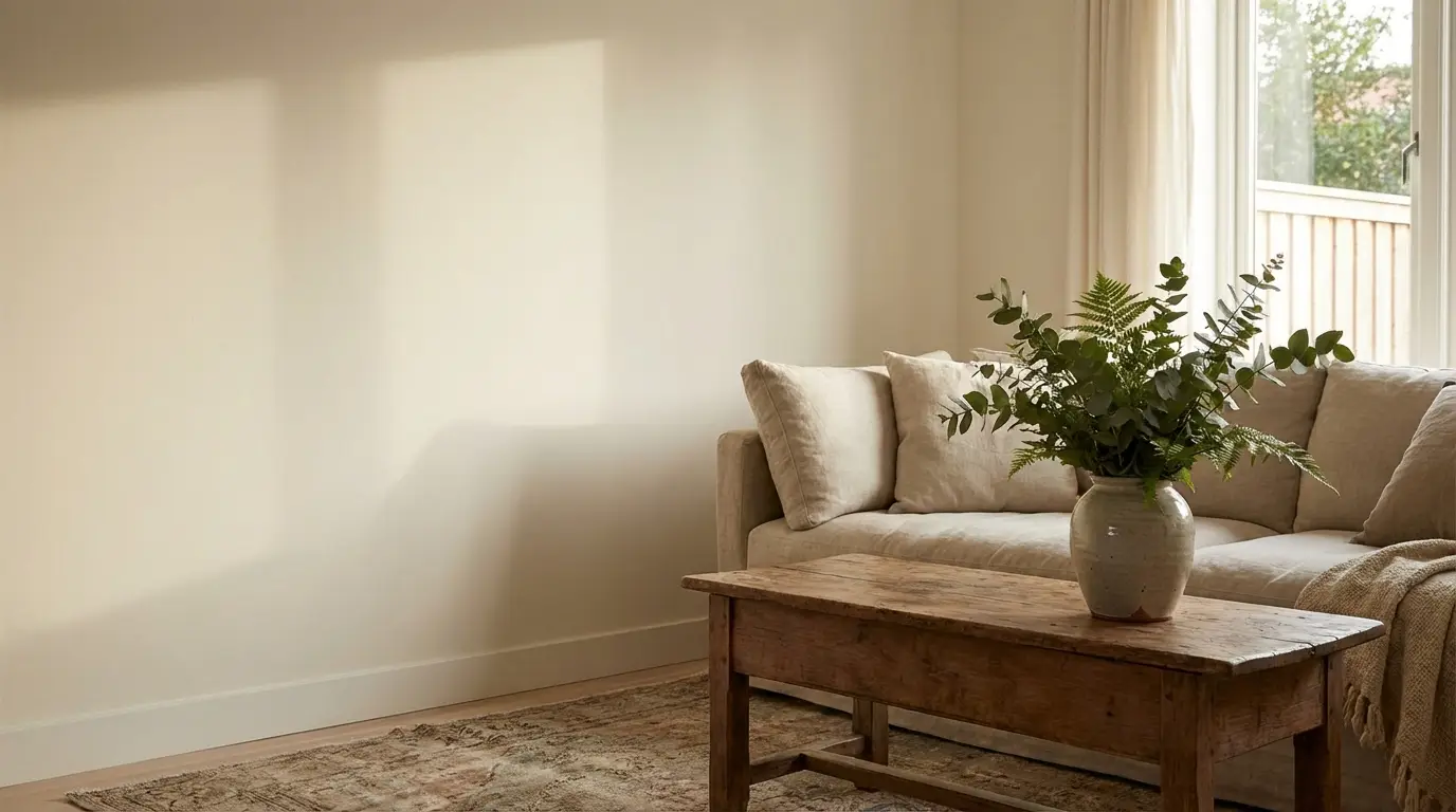 Beige sofa with cushions and potted green plant on wooden coffee table in cozy living room