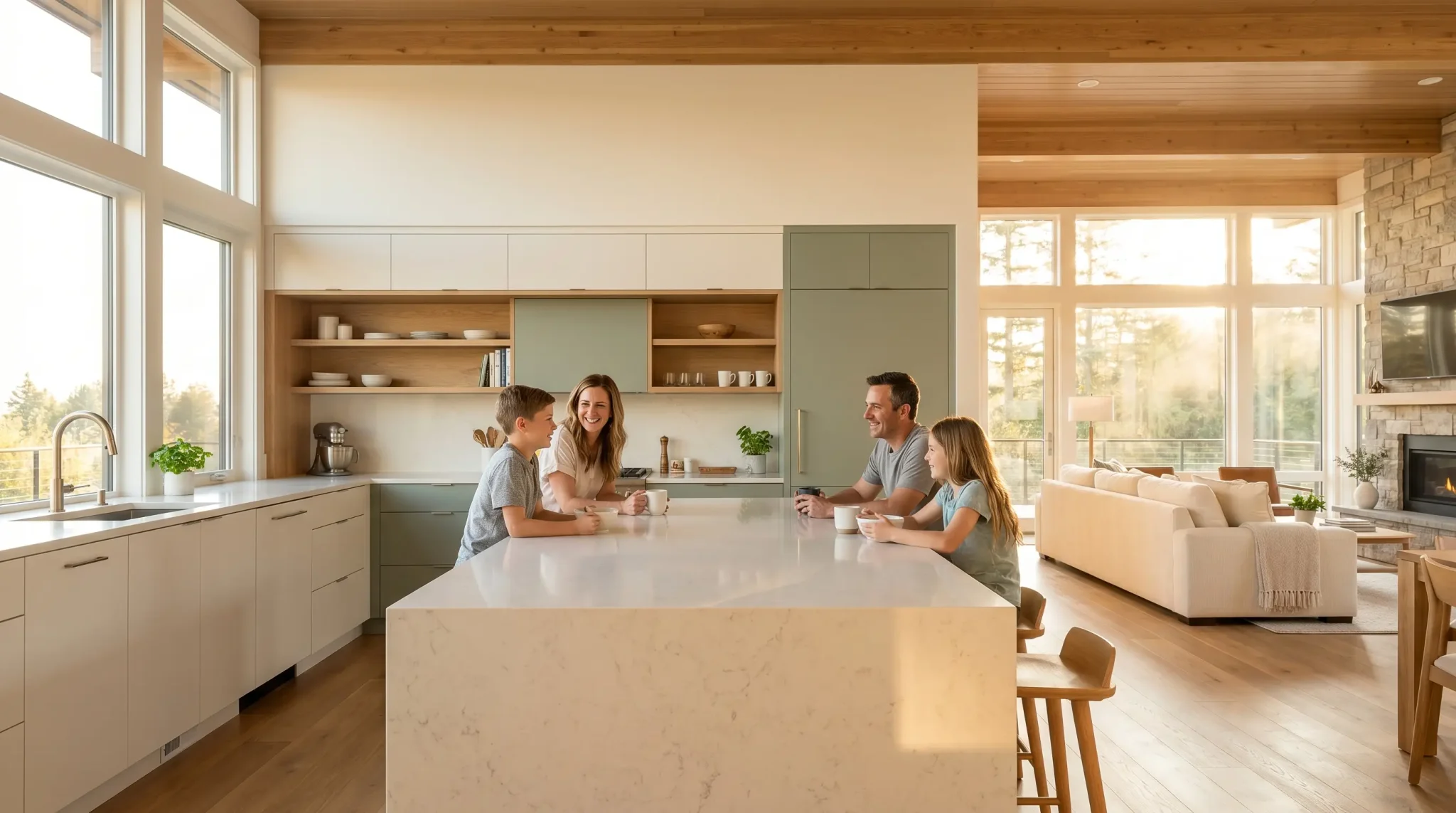 Family gathered around kitchen island with mugs in modern, sunlit open-concept living space