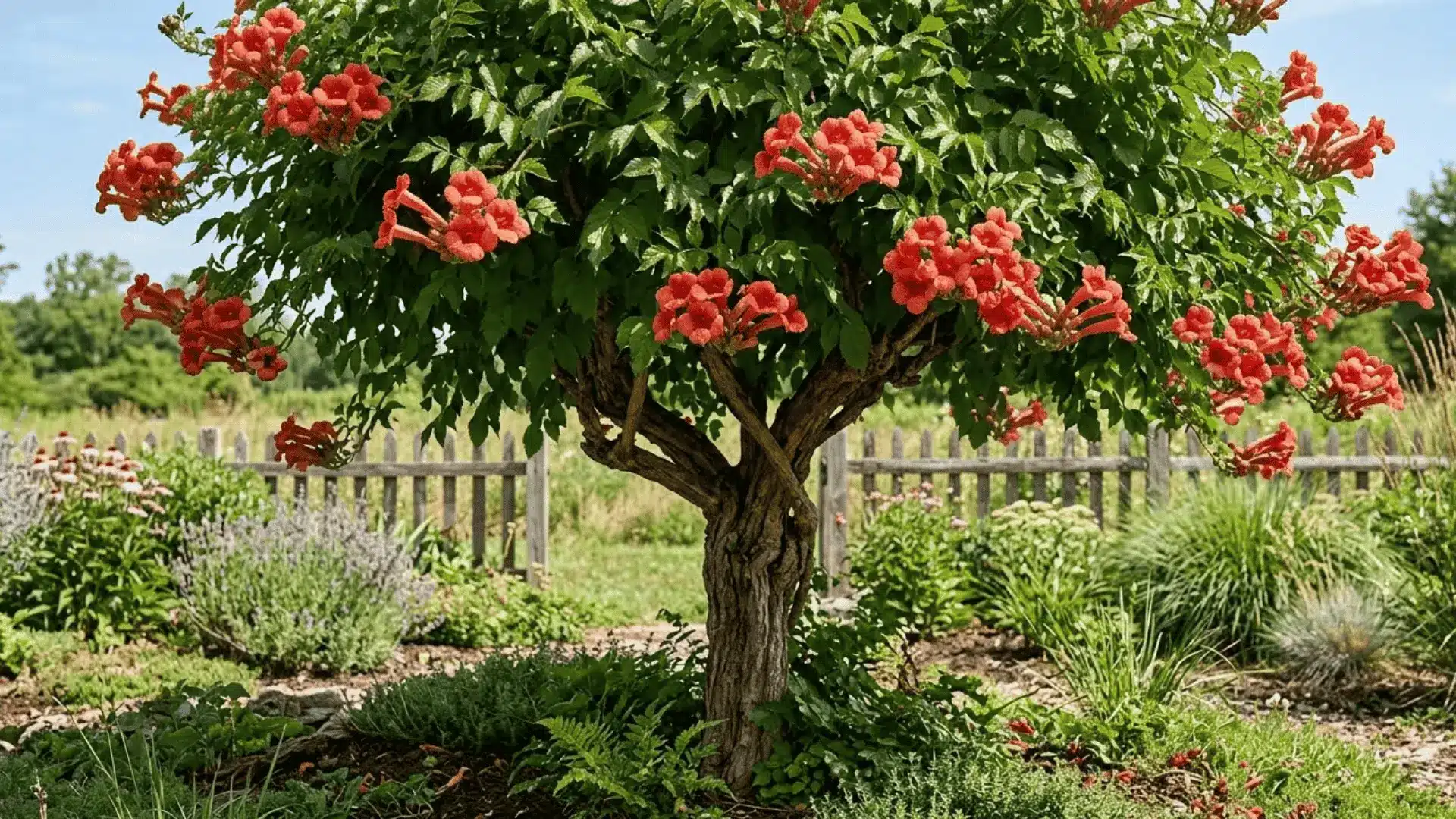 trumpet vine in tree form covered in deep orange-red tubular flowers growing in a natural garden setting
