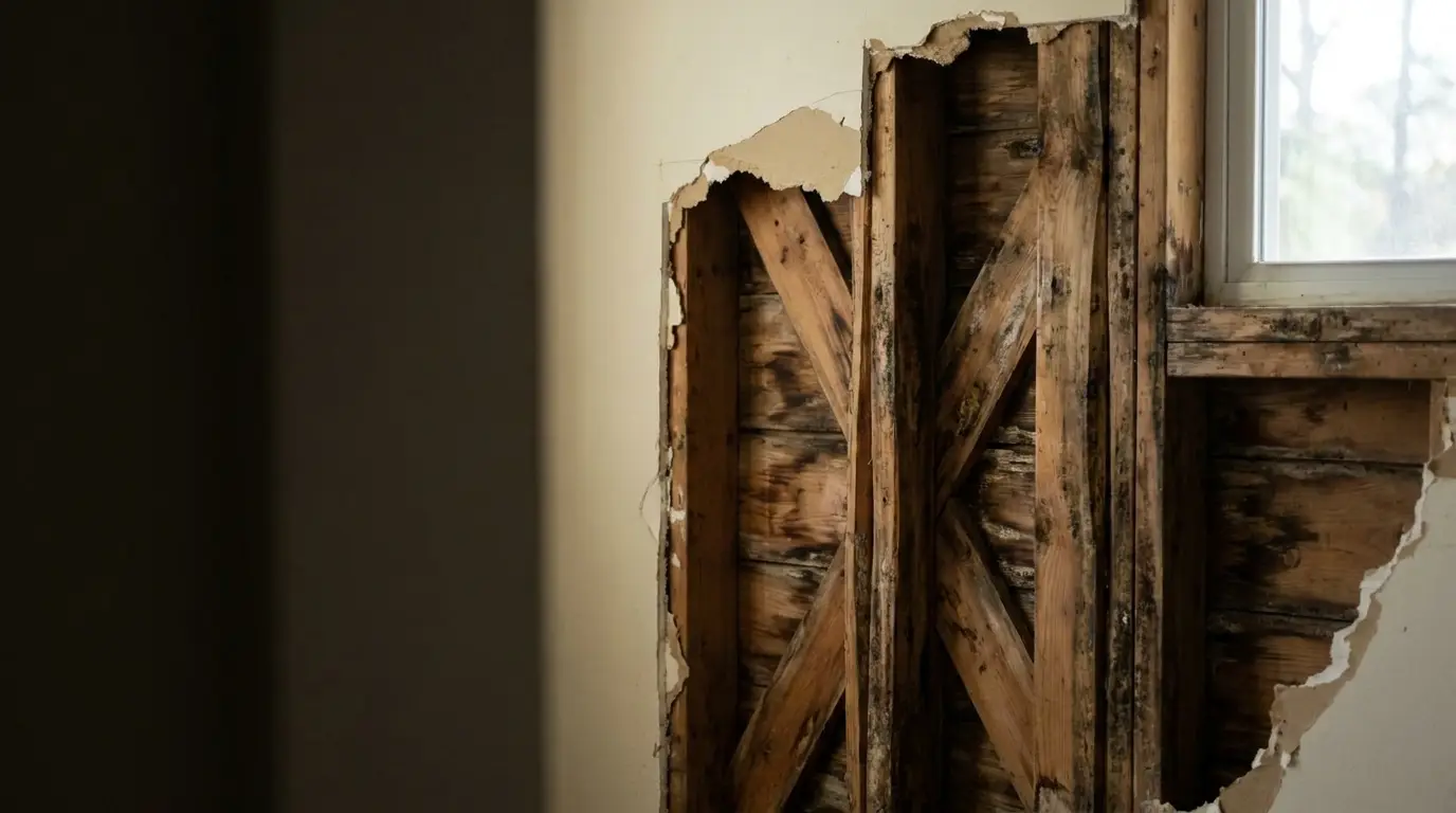 Exposed wooden wall studs with damaged plaster in dimly lit room