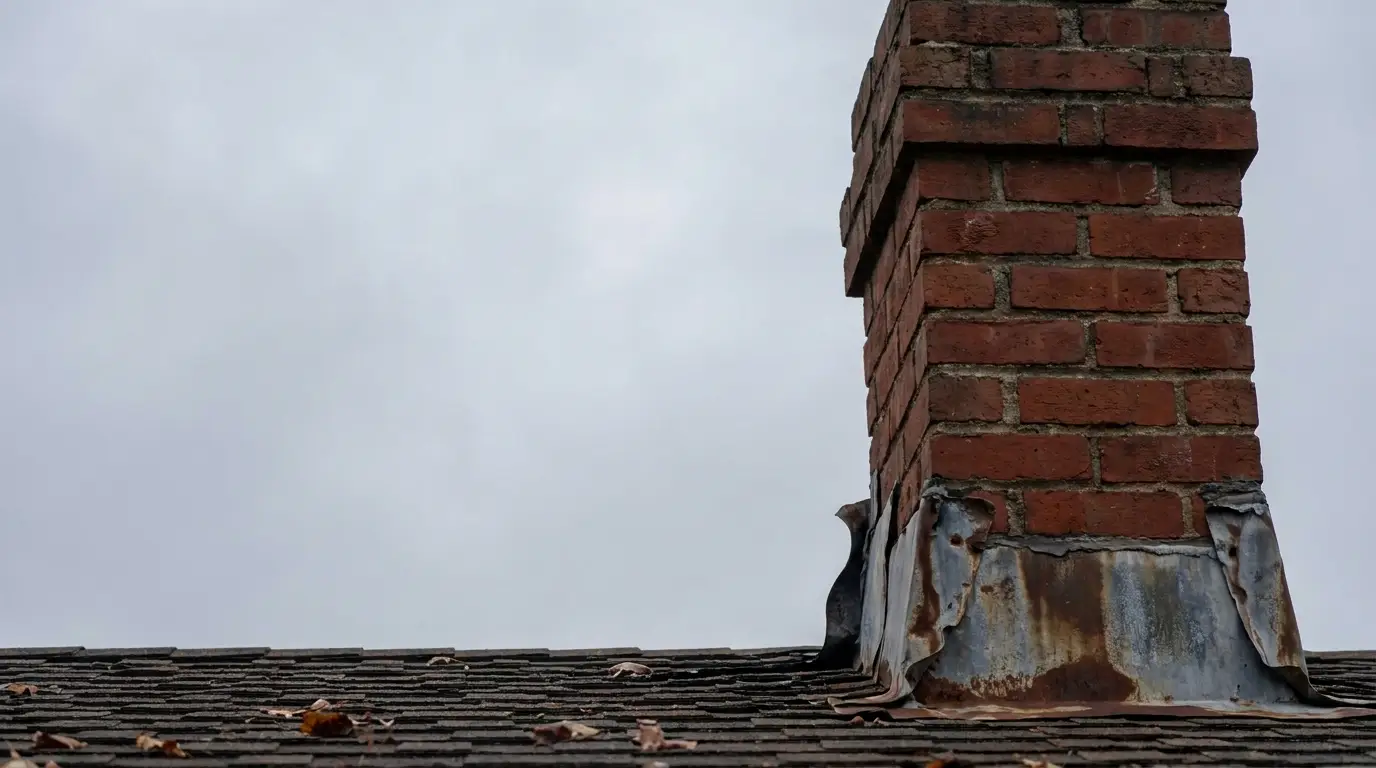 Brick chimney with worn metal flashing on shingled roof under overcast sky