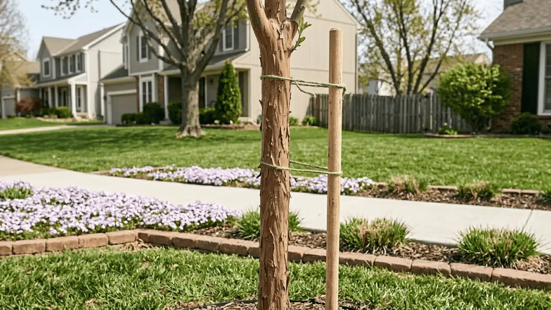 young crepe myrtle trunk tied loosely to a wooden stake in a residential front yard garden bed