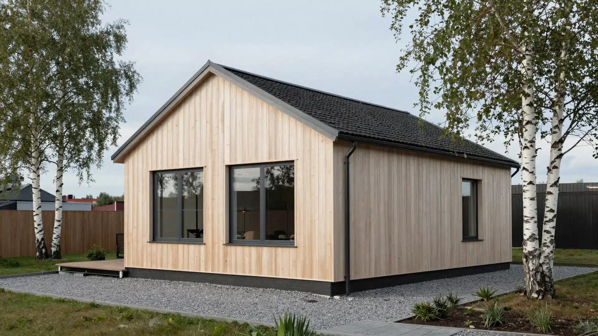 A Scandinavian-inspired home featuring clean lines, pale wood accents, and bright, airy white walls with large windows.