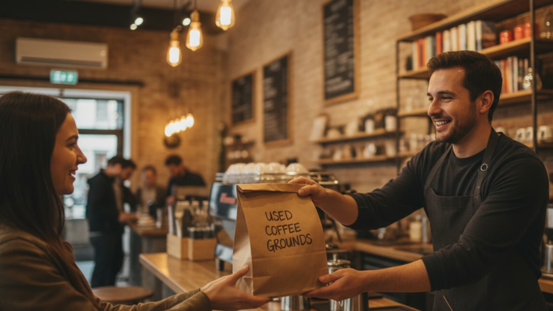 A barista handing a paper bag labeled “used coffee grounds” to a customer inside a coffee shop.