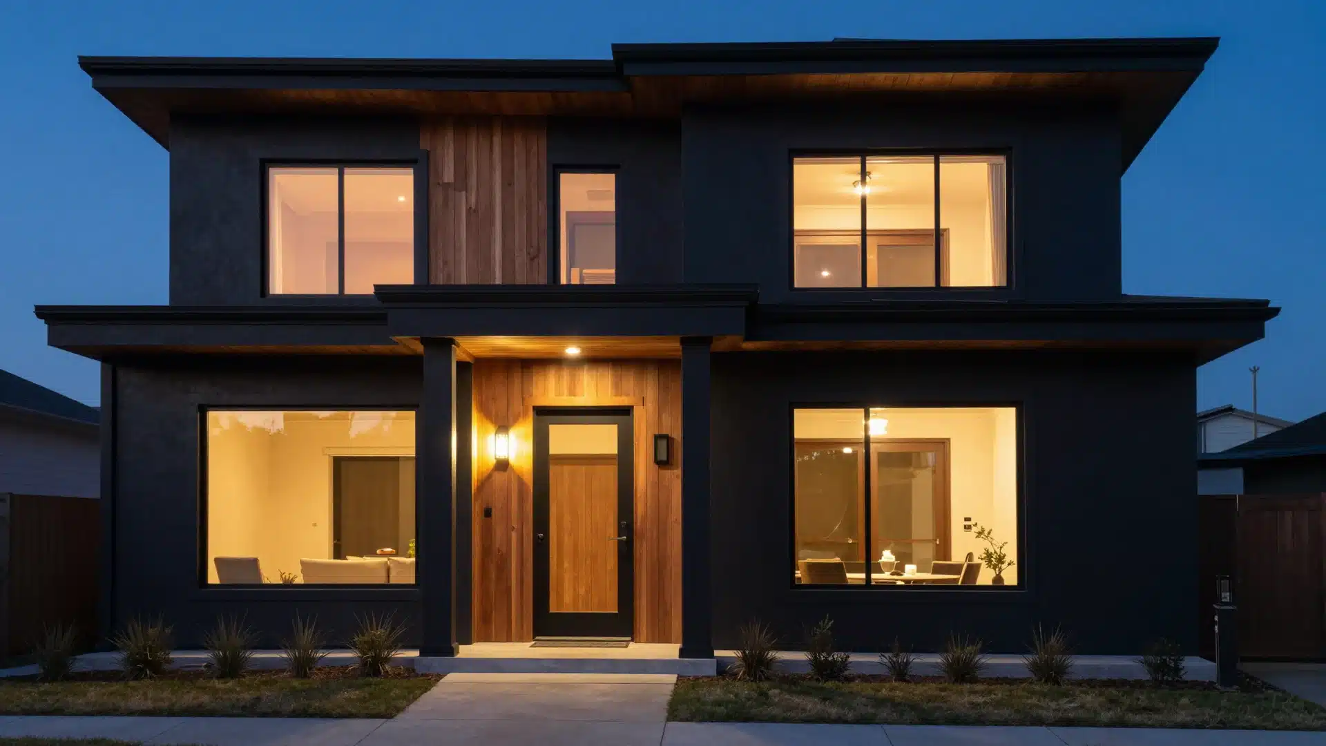 A bold, dramatic house exterior featuring deep charcoal siding contrasted by warm wood accents and contemporary lighting.