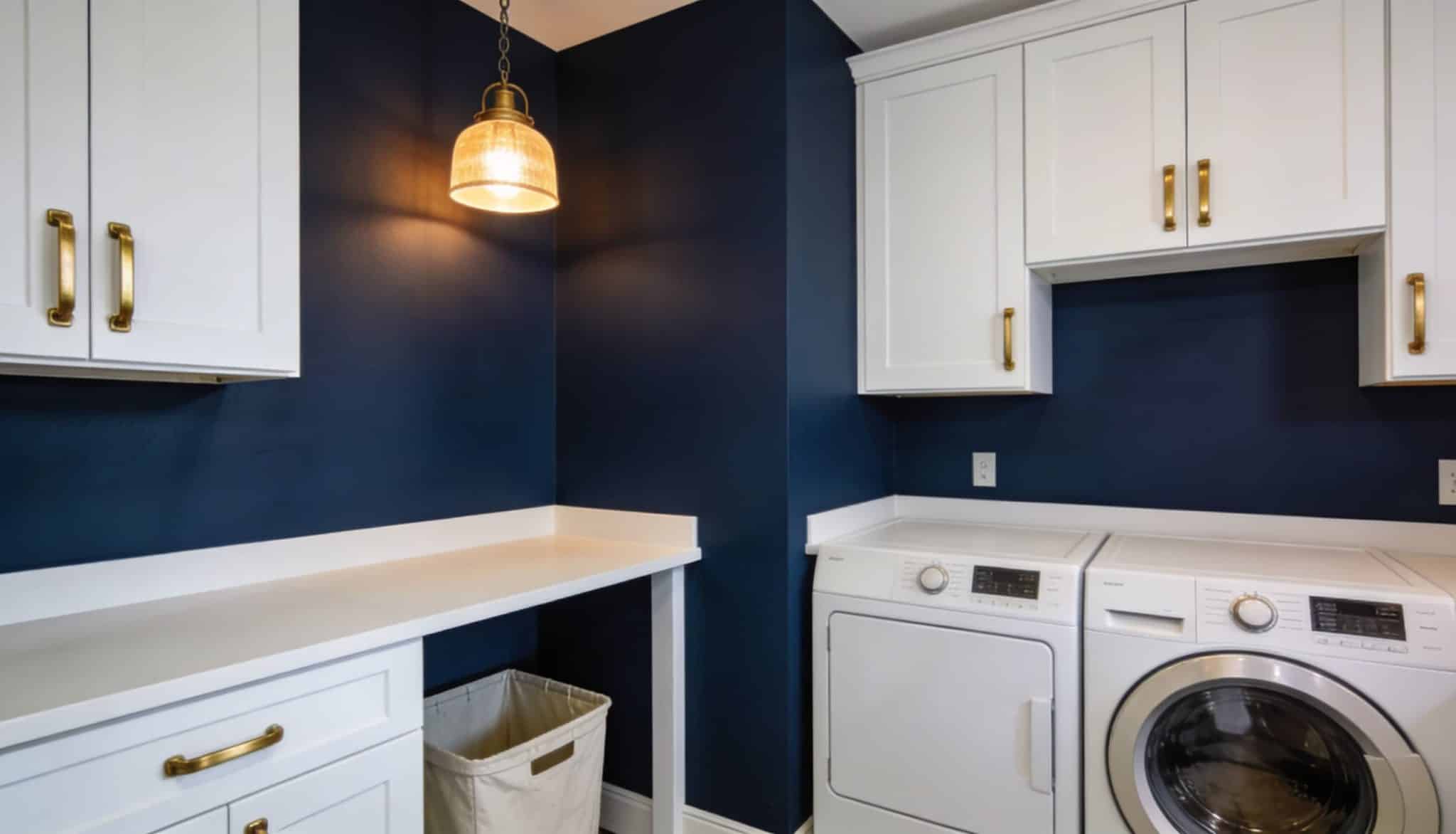 A bold, sophisticated laundry room featuring deep navy blue walls contrasted by bright white appliances.