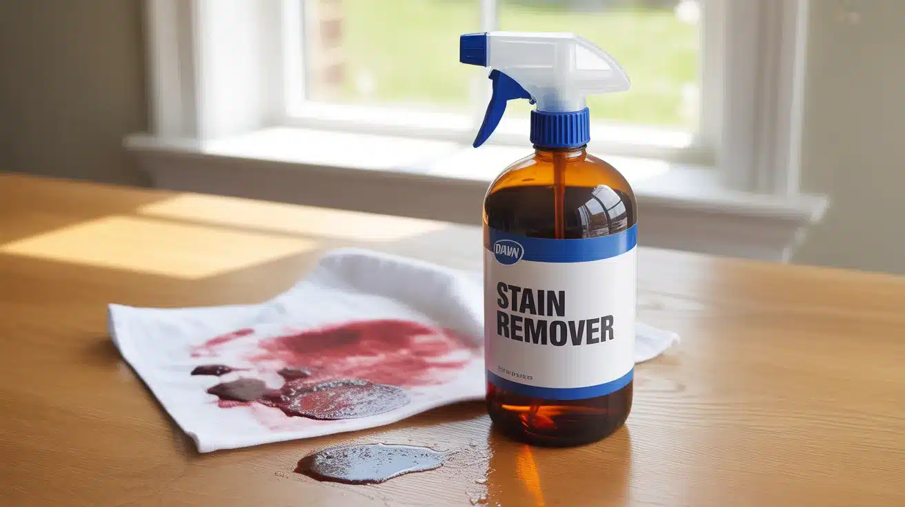 A bottle of Dawn stain remover is placed next to a white cloth with a red wine stain, with some of the stain remover spilled around the bottle.