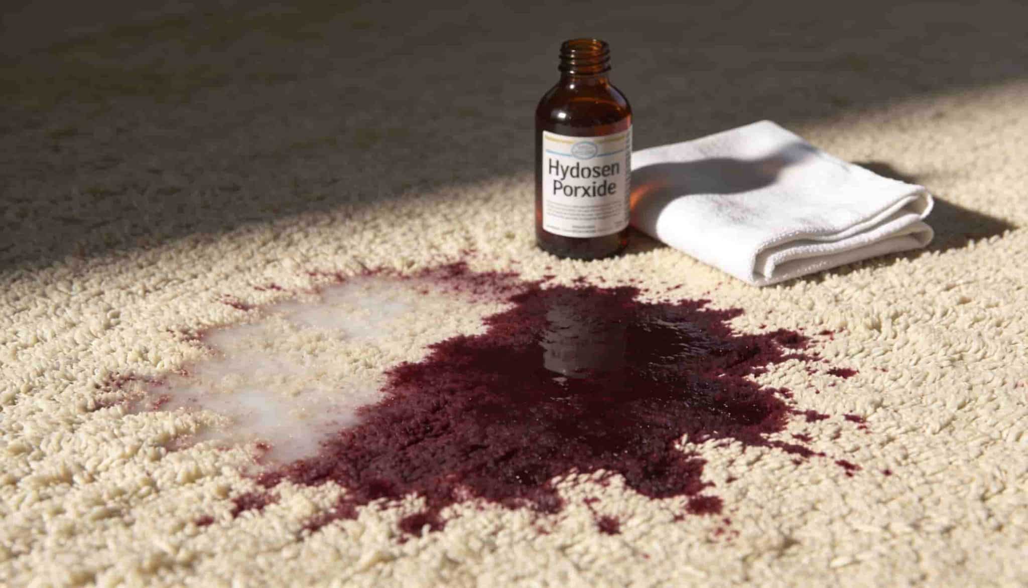 A bottle of hydrogen peroxide and a clean white cloth sitting on a carpet next to a dark red wine stain